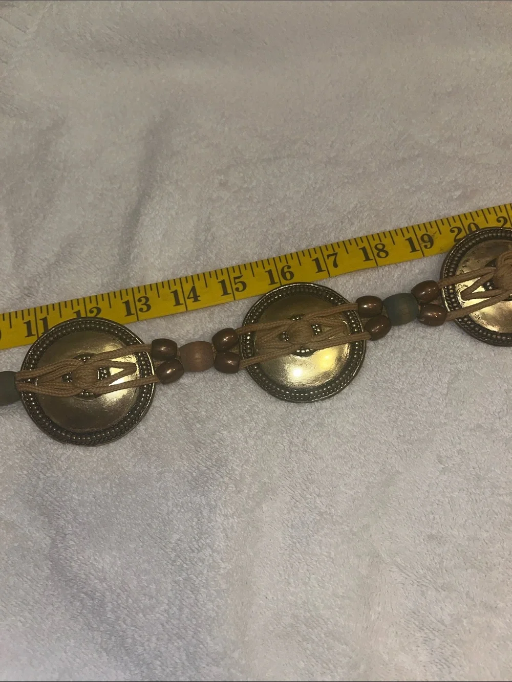 MIT Braided Tan Cord Waist Belt with Gold-Tone Coin Accents Wood Beads